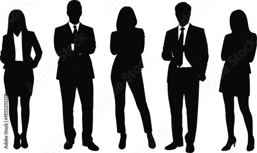 Business professionals silhouette standing together in formal suits, leadership team and corporate office staff vector illustration