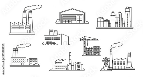 Collection of Industrial Factory Buildings and Structures Line Art.