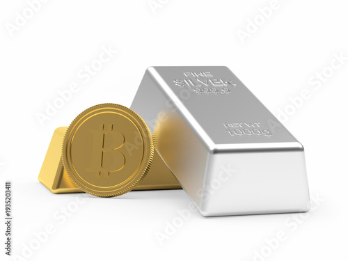 Bitcoin with pure gold and silver bars. 3D illustration.