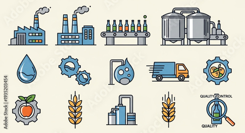 Brewery Industry Icons Set Vector Illustration.