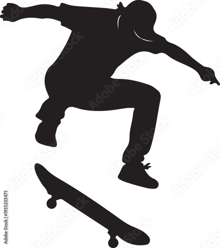 Black silhouette of a skateboarder performing trick on a white background, minimal outline