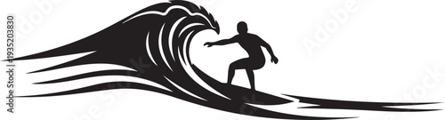 Black silhouette of a surfer riding a wave on a white background, minimal outline