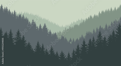 Silhouetted evergreen trees create a layered forest landscape, rendered in shades of green and gray, conveying a serene and atmospheric mood ideal for backgrounds and designs.