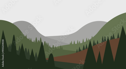 A stylized, minimalist illustration of a landscape with evergreen trees and mountain silhouettes, in green, brown, and grey tones, creating a serene and peaceful mood, ideal for background use.