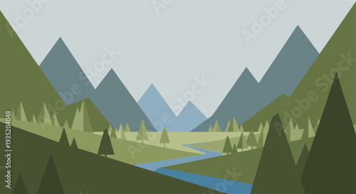 A vector illustration of a mountain landscape featuring a flowing river, stylized trees, and layered mountain ranges in muted greens and blues creating a serene and peaceful mood.