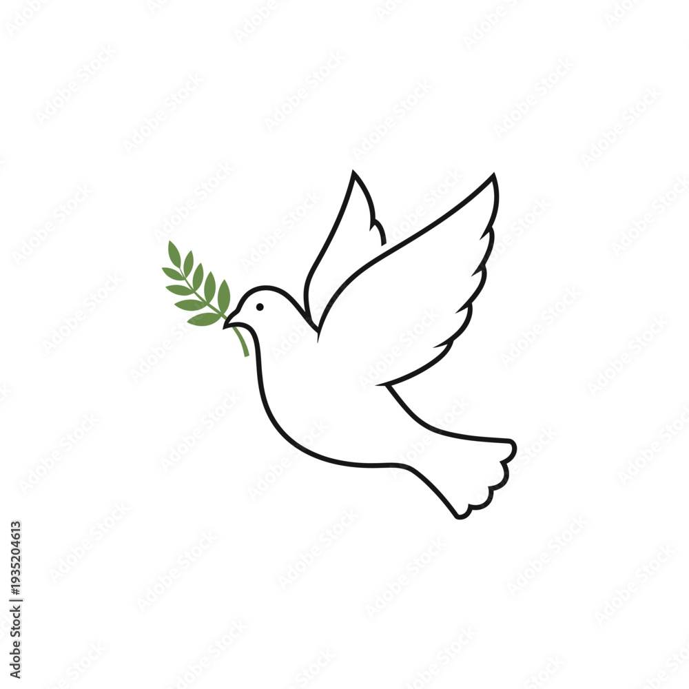 Obraz premium Minimalist line art illustration of a white dove carrying a green sprig in its beak, symbolizing peace and hope