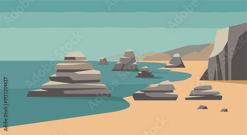 Stylized vector illustration of stack rocks on a sandy beach along a tranquil teal ocean, perfect for travel and nature themed backgrounds.