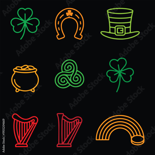 Neon outline St. Patrick's Day vector icon set on black background