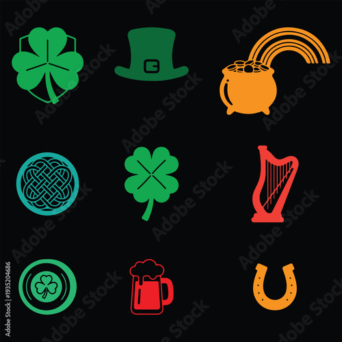 Set of colorful St. Patrick's Day and Irish culture vector icons on black background