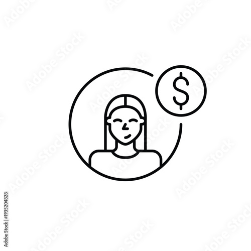 Woman user avatar and dollar. Banking personal account, paid membership. Premium member. Pixel perfect, editable stroke vector icon