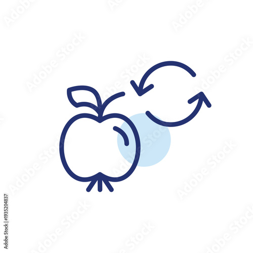 Apple fruit and renew arrows. Fresh sustainable groceries. Shelf life checked, eco-friendly farming. Pixel perfect, editable stroke vector icon