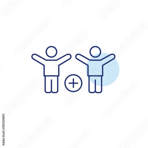 User add, new account to community group chat. Two people celebrating success and plus. Pixel perfect, editable stroke vector icon