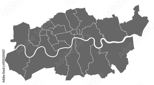 Grayscale London City Map with River Thames and Administrative Borough Outlines - Vector Illustration for Data Visualization, Infographics, and Design
