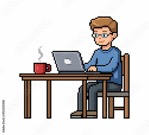 Pixel art of Work From Home illustration. Pixelated picture of a man working with a laptop on a table accompanied by a cup of hot coffee.