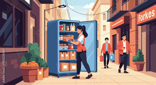 Woman Accessing Outdoor Fridge.