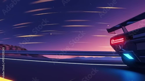An exhilarating high-speed journey at twilight, viewed from behind a classic-inspired sports car, streaking across an open road with vibrant neon accents against a mesmerizing purple and pink horizon