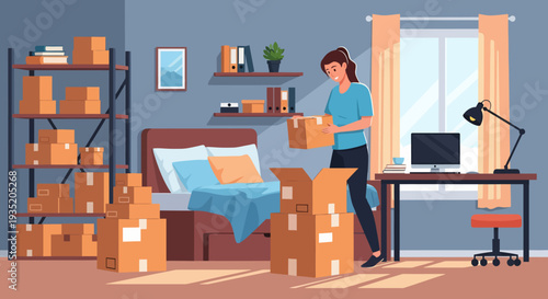 Woman Unpacking Boxes Home.