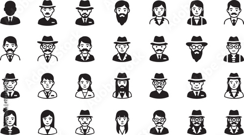 Black and white of people with various hairstyles and hats glasses beards