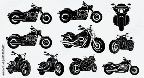 Collection of Black Motorcycle Silhouettes on White Background.