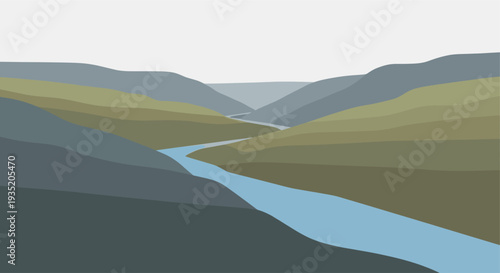 A stylized illustration depicts a winding river flowing through a mountain valley, creating a serene and natural landscape with cool blue and green tones.