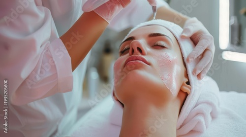 Woman receiving modern facial skin rejuvenation treatment in clinic