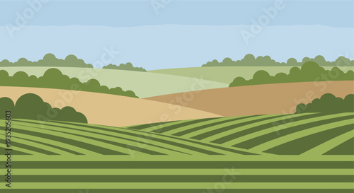 This vector illustration depicts a rural landscape featuring green farm fields, rolling hills, and a light blue sky, creating a peaceful and scenic view.