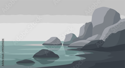 An illustration of coastal rocks and boulders, reflecting softly in calm ocean water with grey skies, creating a peaceful and serene, minimalist mood.