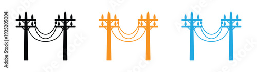 Power transmission tower icon set flat line and dotted style vector graphic