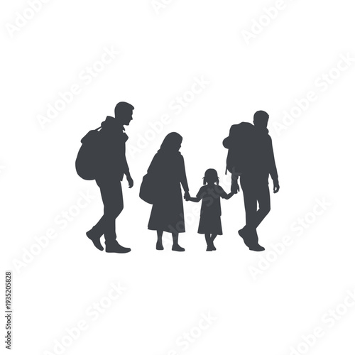 Family silhouette with backpacks traveling together, representing migration and adventure