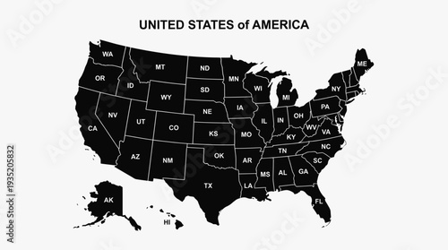 Minimalist Black and White Map of the United States with All 50 States Labeled - USA Political Geography Outline for Education, Travel, and Infographics