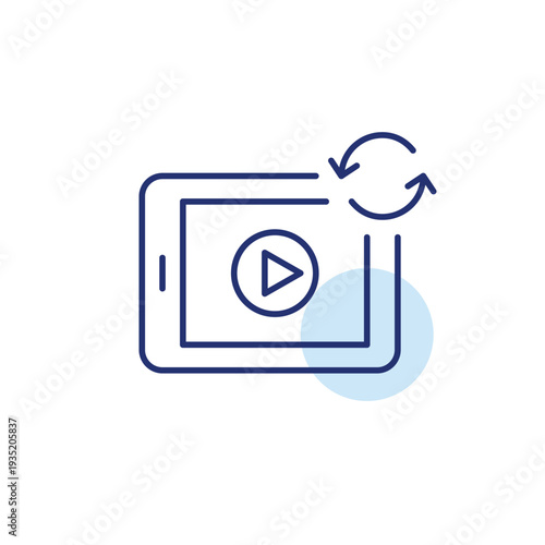 Play button on electronic tablet and renew arrows. Media refresh, playback renewal. Pixel perfect, editable stroke vector icon