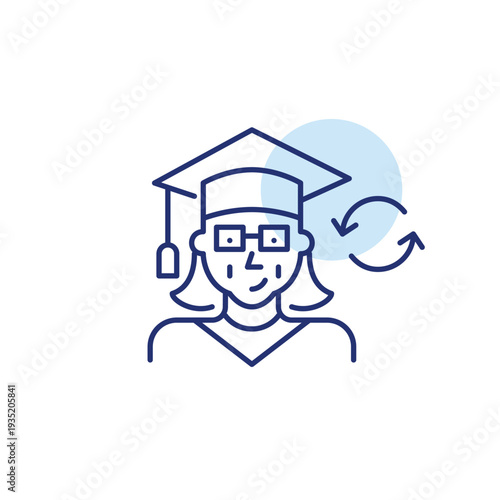 Elderly woman in graduation mortarboard and renew arrows. Senior education, lifelong learning cycle. Pixel perfect, editable stroke vector icon