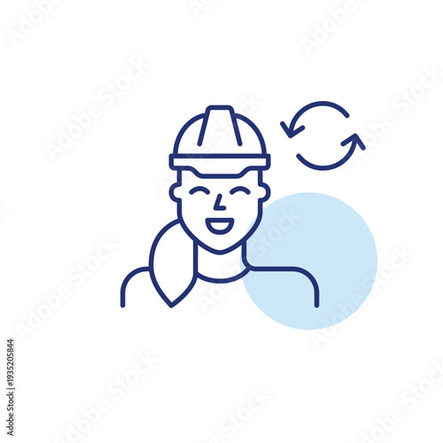 Woman in hard hat and renew arrows. Worker update, safety refresh, construction renewal. Pixel perfect, editable stroke vector icon