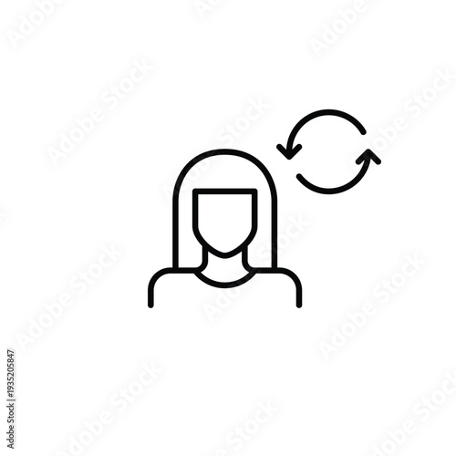Account renewal, subscription refresh, digital profile update. Female avatar and renew arrows. Pixel perfect, editable stroke vector icon