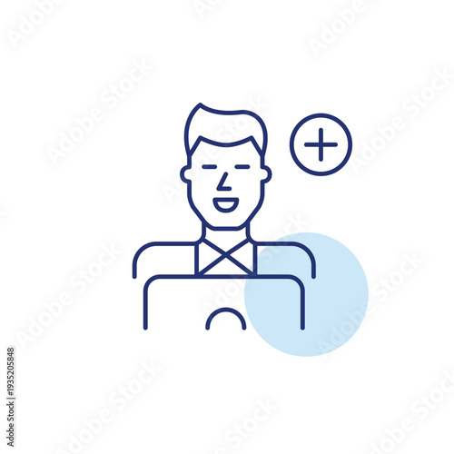 Man working at laptop. New task, job update or account access. Hiring remote workers. Pixel perfect, editable stroke vector icon