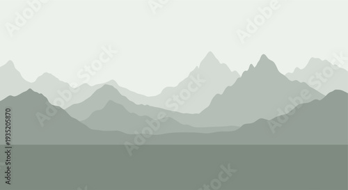 Minimalist mountain range illustration in varying shades of soft gray, creating a serene and peaceful atmosphere, suitable for backgrounds and design elements.