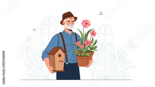 Happy senior man wearing a hat and suspenders carries a charming wooden birdhouse and two pots of pink flowers in a garden or greenhouse setting.