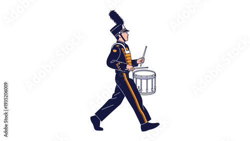 Talented marching band drummer in a formal blue and gold uniform marches while playing a snare drum with precision, isolated on white background.