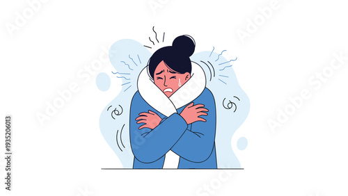 Young woman shivers intensely from the freezing cold while wrapped in a thick blue coat with a white fur collar, showing signs of hypothermia.
