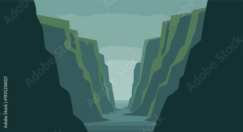 Vector illustration of a river flowing through a deep canyon with high rock walls, depicted in a flat, minimalist style with cool, muted blues and greens. Ideal for travel concepts.