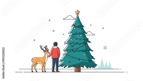 Magical winter scene featuring a man and a friendly reindeer standing together beside a tall, glowing Christmas tree in a snowy landscape at night.