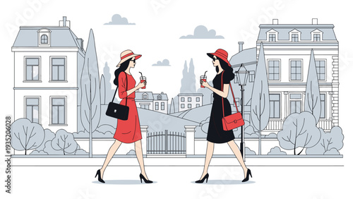 Two stylish young women in red and black dresses walk along a beautiful city street while chatting and enjoying their refreshing drinks together.
