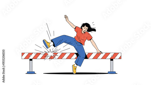 Athletic young girl in a red shirt and blue pants accidentally trips while attempting to jump over a striped hurdle during a track and field event.