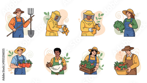 Diverse collection of scenes featuring male and female farmers and beekeepers working with honey, vegetables, animals, and tools in a rural setting.
