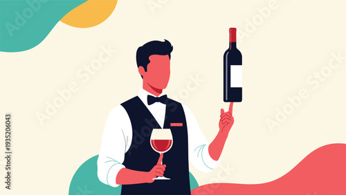 Skilled professional sommelier in a formal vest and bowtie balances a wine bottle on his finger while elegantly holding a glass of red wine.