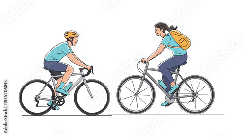 Side by side view of a man on a road bike and a woman on a mountain bike, both wearing helmets and athletic gear for a long-distance cycling trip.