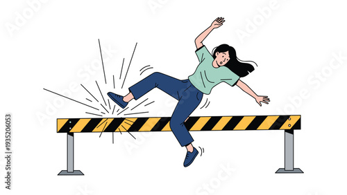 Dynamic illustration of a young girl in athletic wear tripping over a yellow and black striped hurdle during a track and field competition.