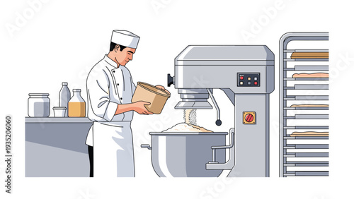 Professional baker in a white uniform adds ingredients to a large industrial dough mixer in a commercial bakery kitchen with cooling racks.