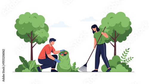 Environmentally conscious man and woman work together to clean a city park by raking fallen leaves and collecting trash in a green waste bag.