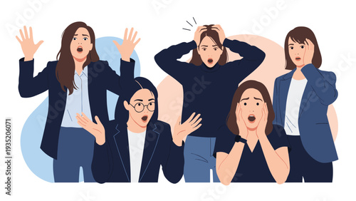 Diverse group of professional women expressing intense shock, surprise, and worry through their facial gestures and body language in an office setting.